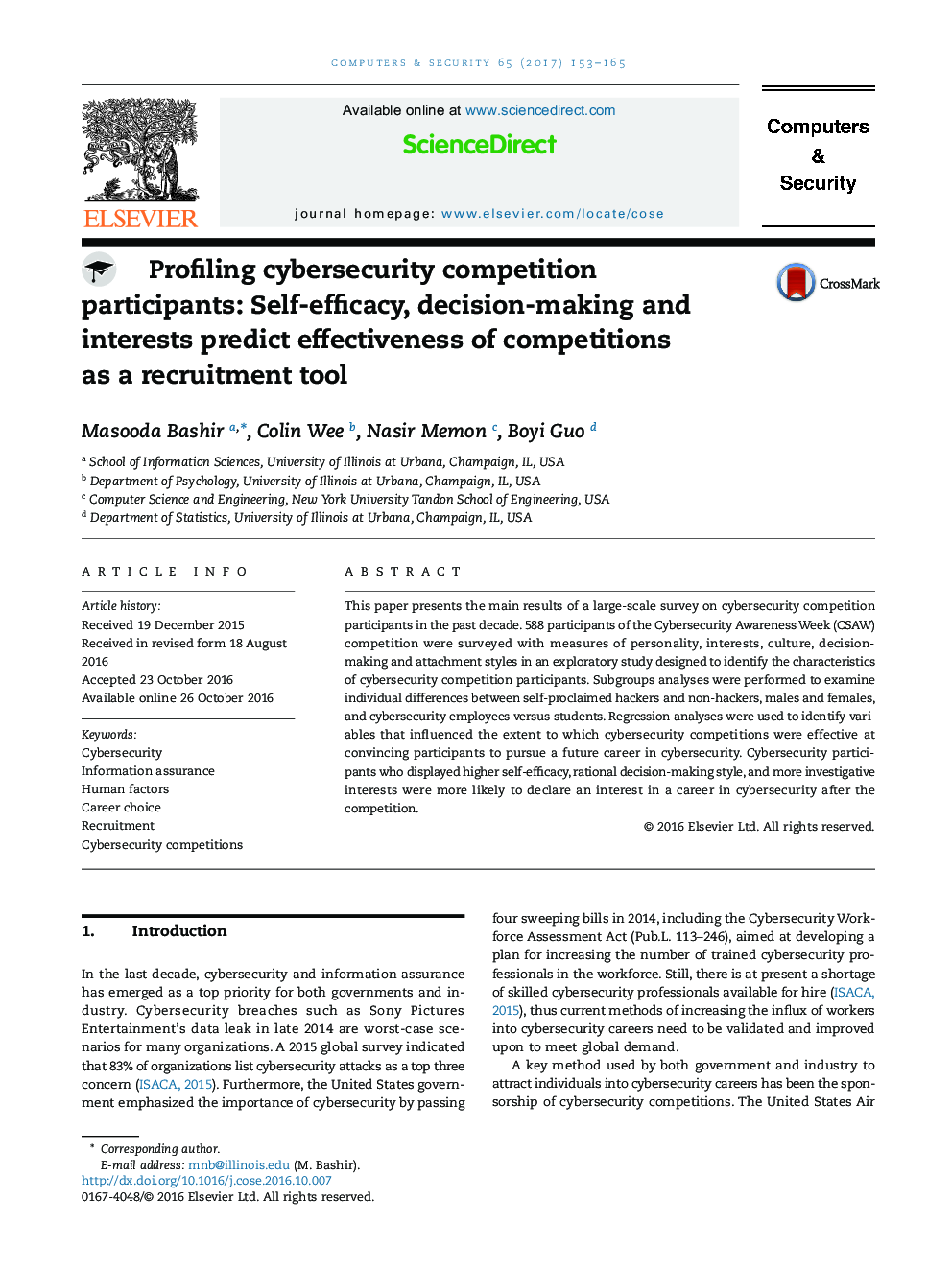 Profiling cybersecurity competition participants: Self-efficacy, decision-making and interests predict effectiveness of competitions as a recruitment tool