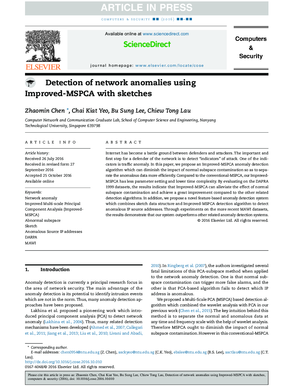 Detection of network anomalies using Improved-MSPCA with sketches