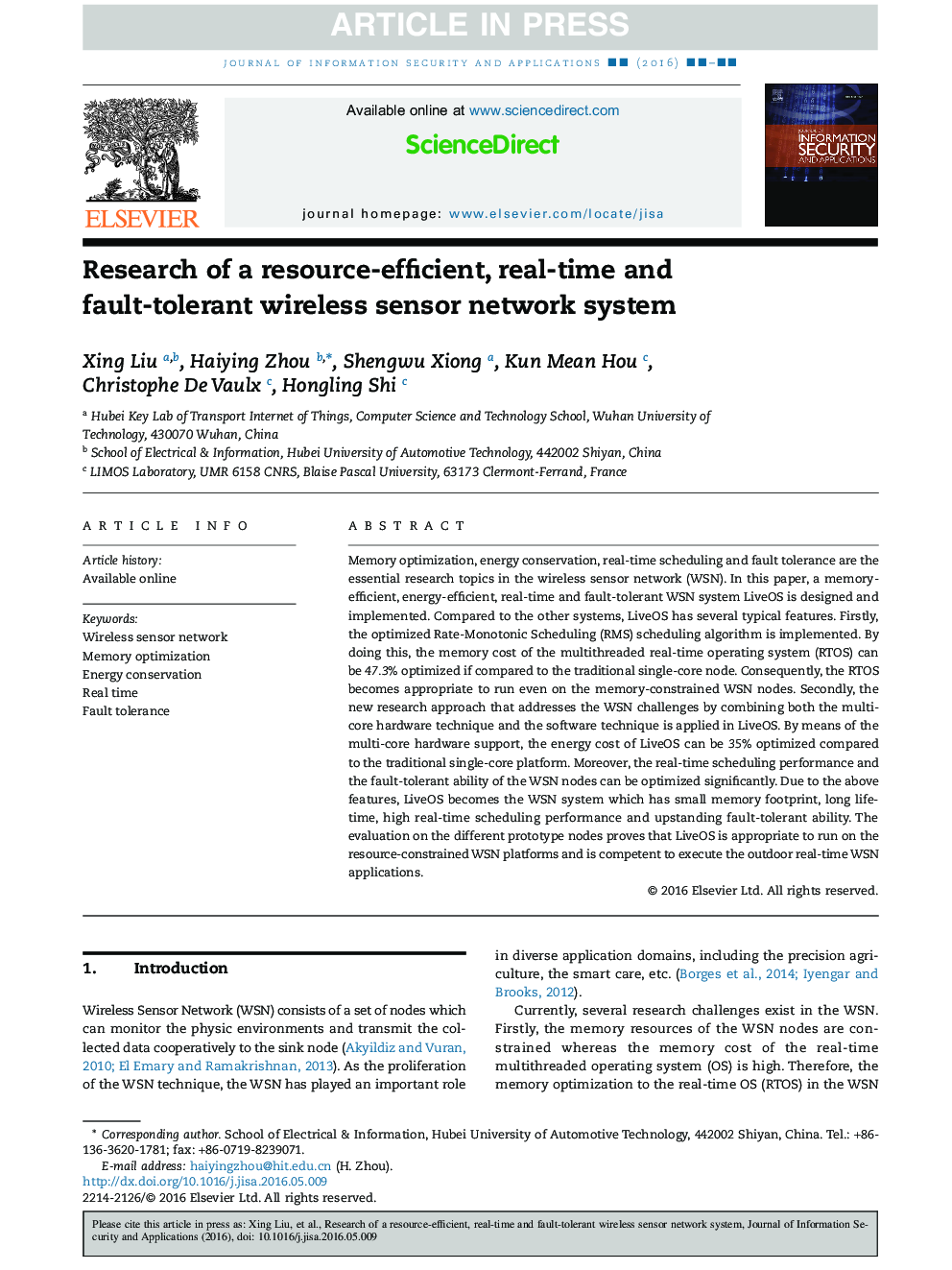 Research of a resource-efficient, real-time and fault-tolerant wireless sensor network system