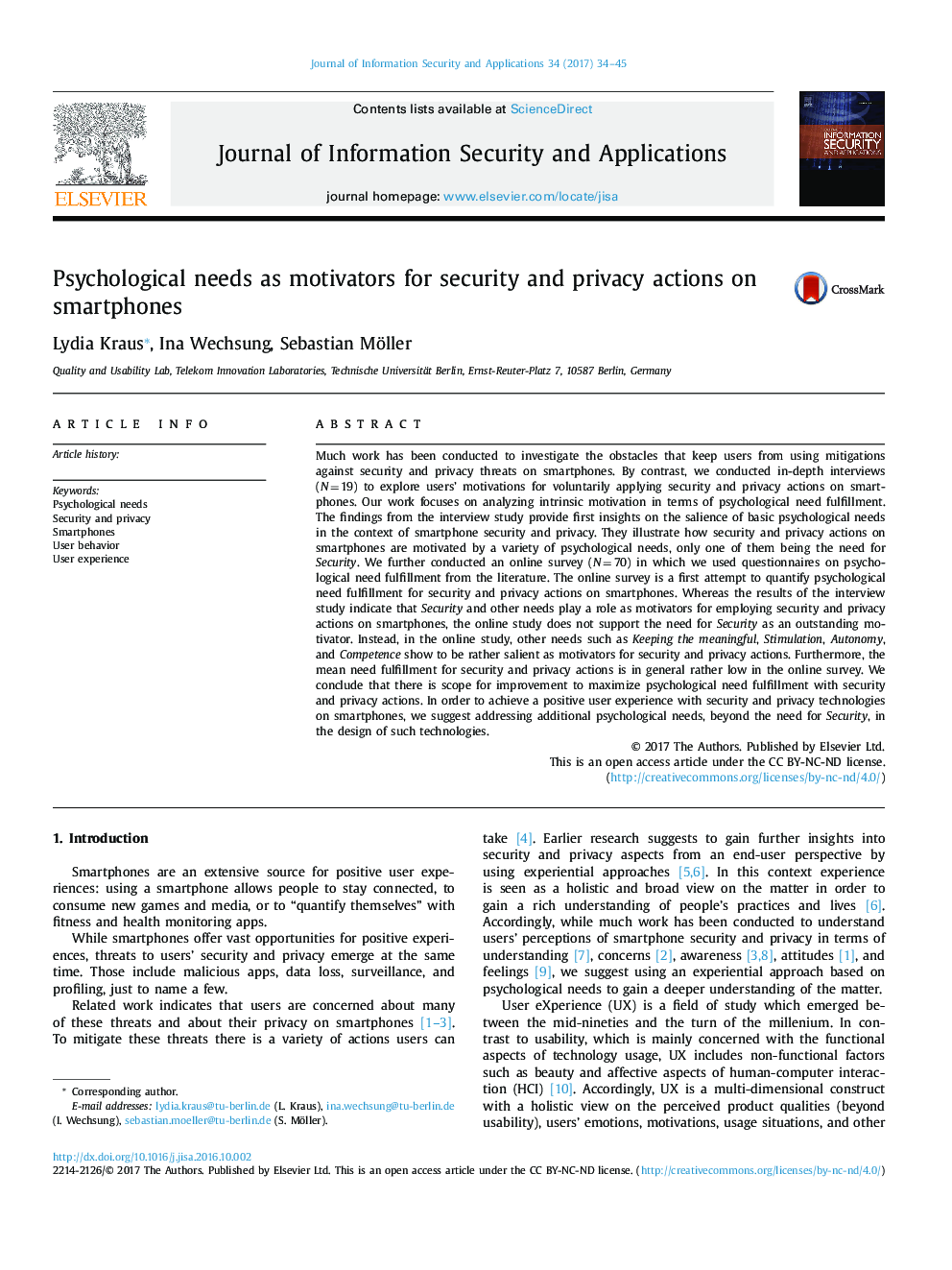 Psychological needs as motivators for security and privacy actions on smartphones