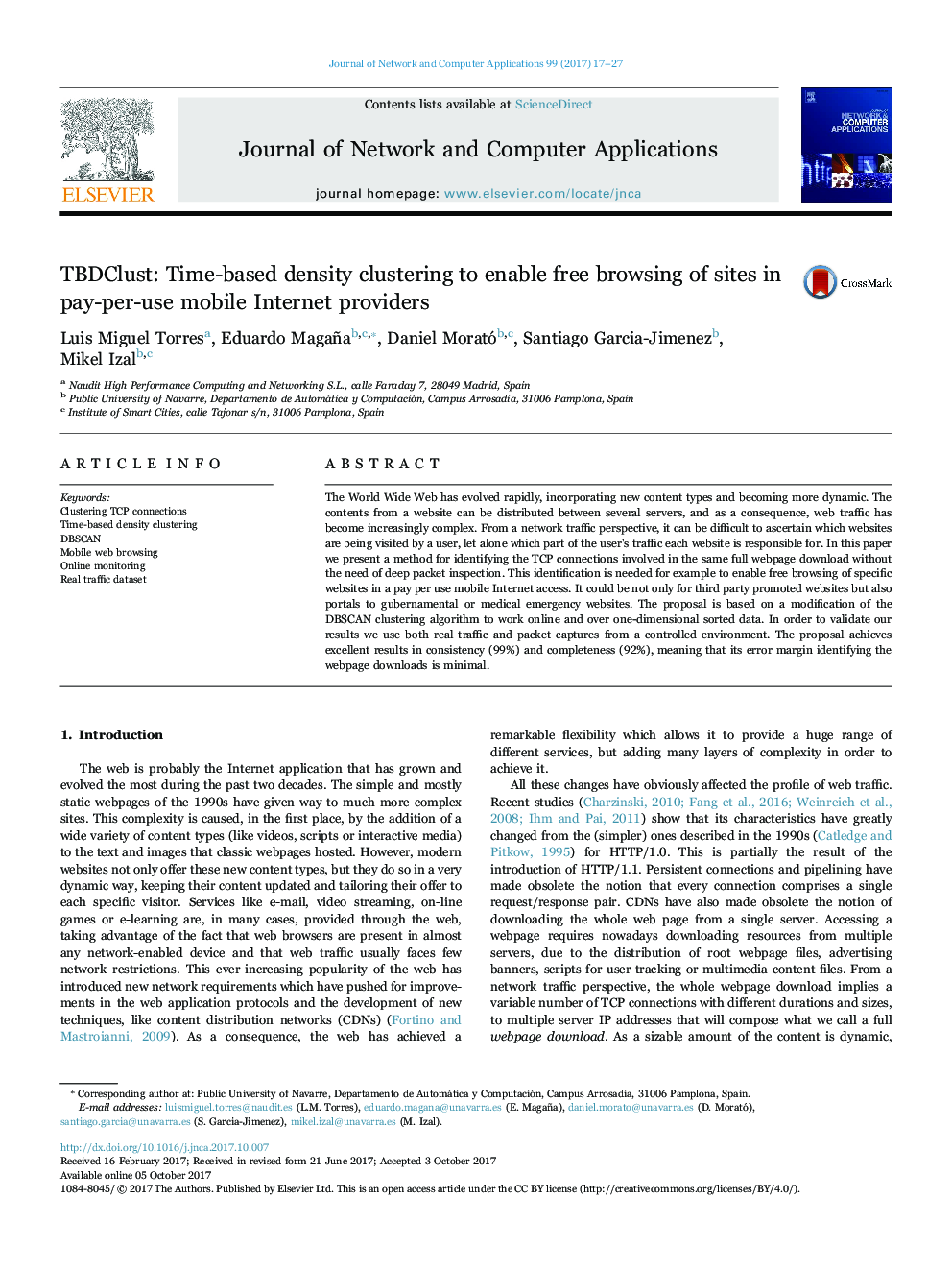 TBDClust: Time-based density clustering to enable free browsing of sites in pay-per-use mobile Internet providers