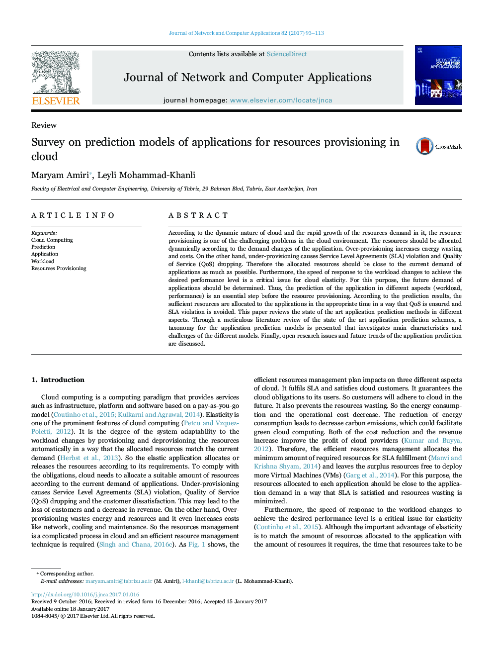 Survey on prediction models of applications for resources provisioning in cloud