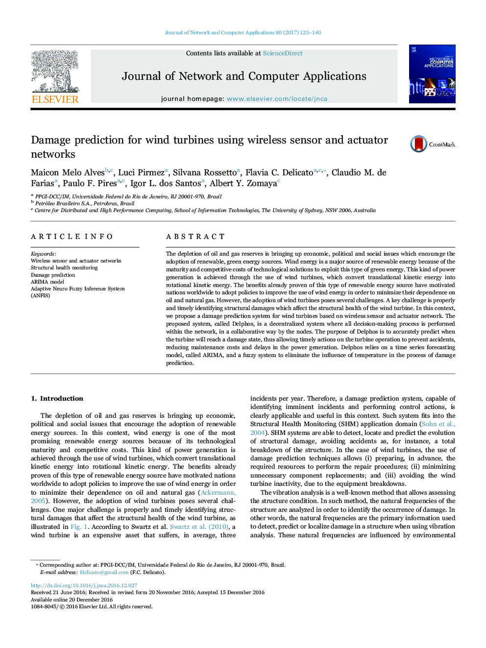 Damage prediction for wind turbines using wireless sensor and actuator networks