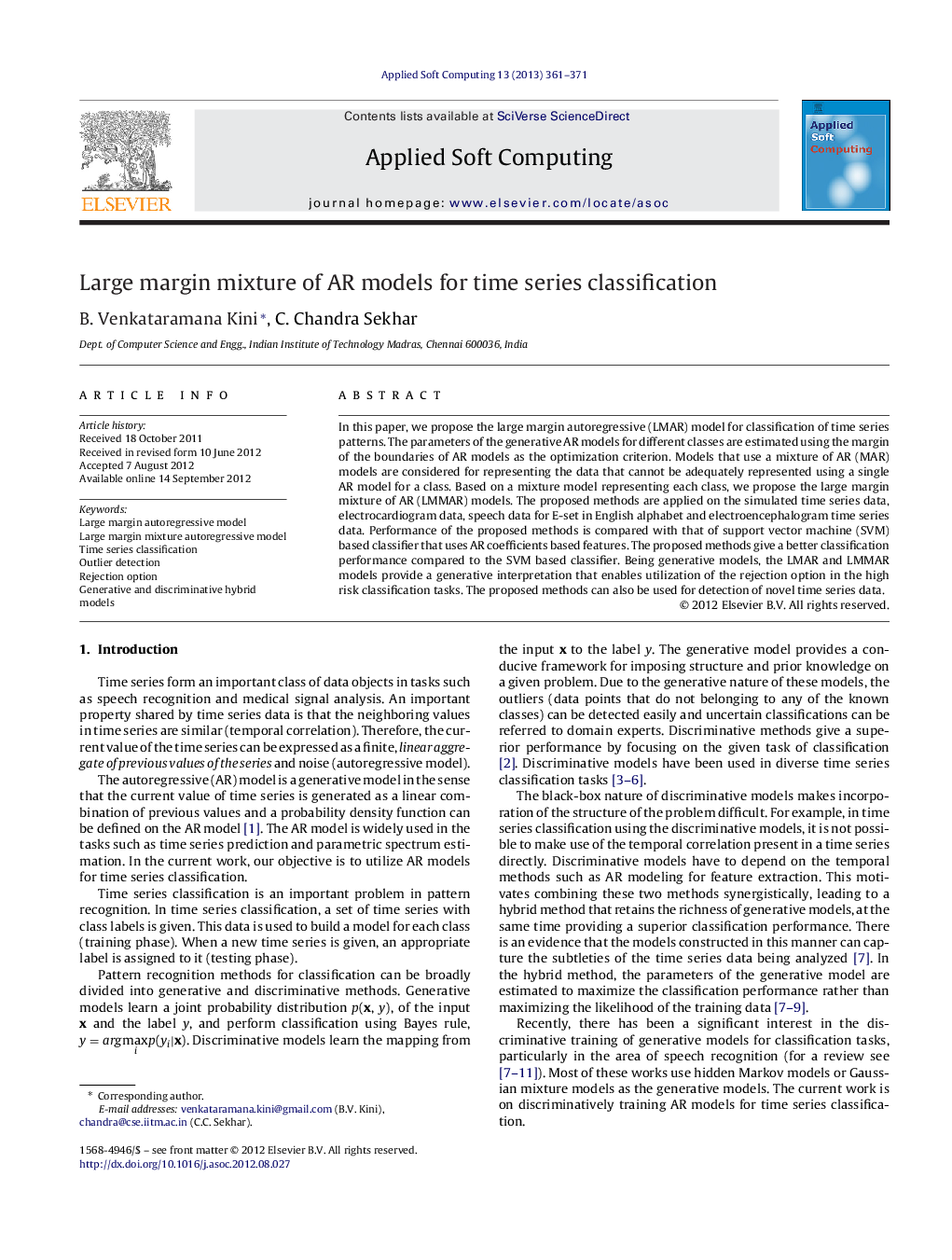 Large margin mixture of AR models for time series classification