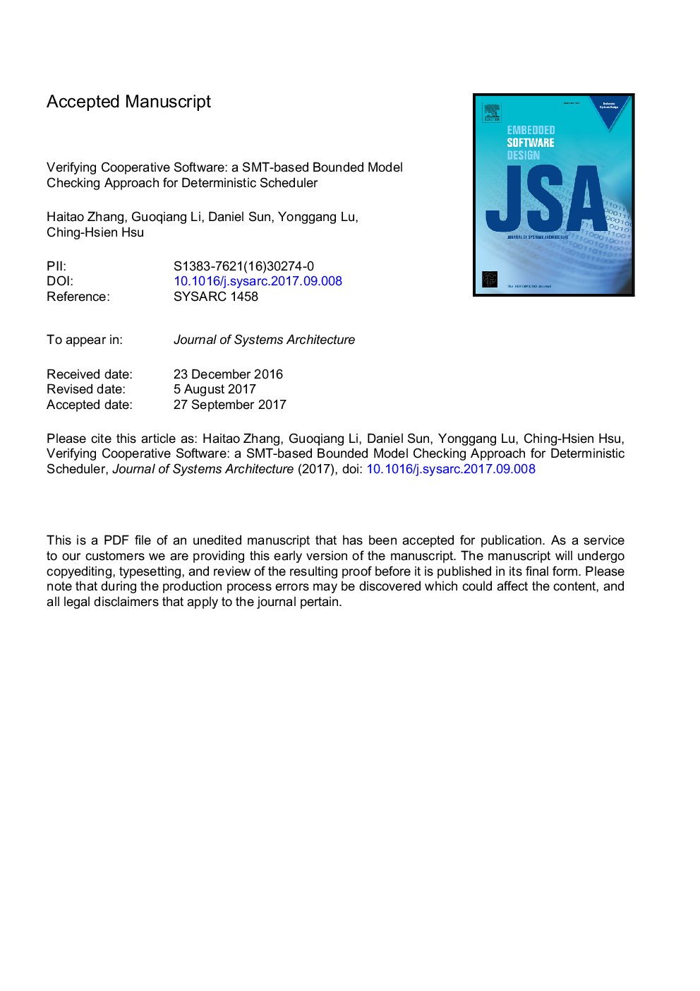 Verifying cooperative software: A SMT-based bounded model checking approach for deterministic scheduler