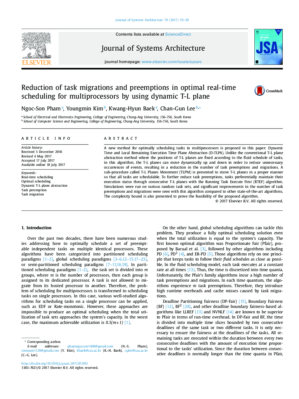 Reduction of task migrations and preemptions in optimal real-time scheduling for multiprocessors by using dynamic T-L plane