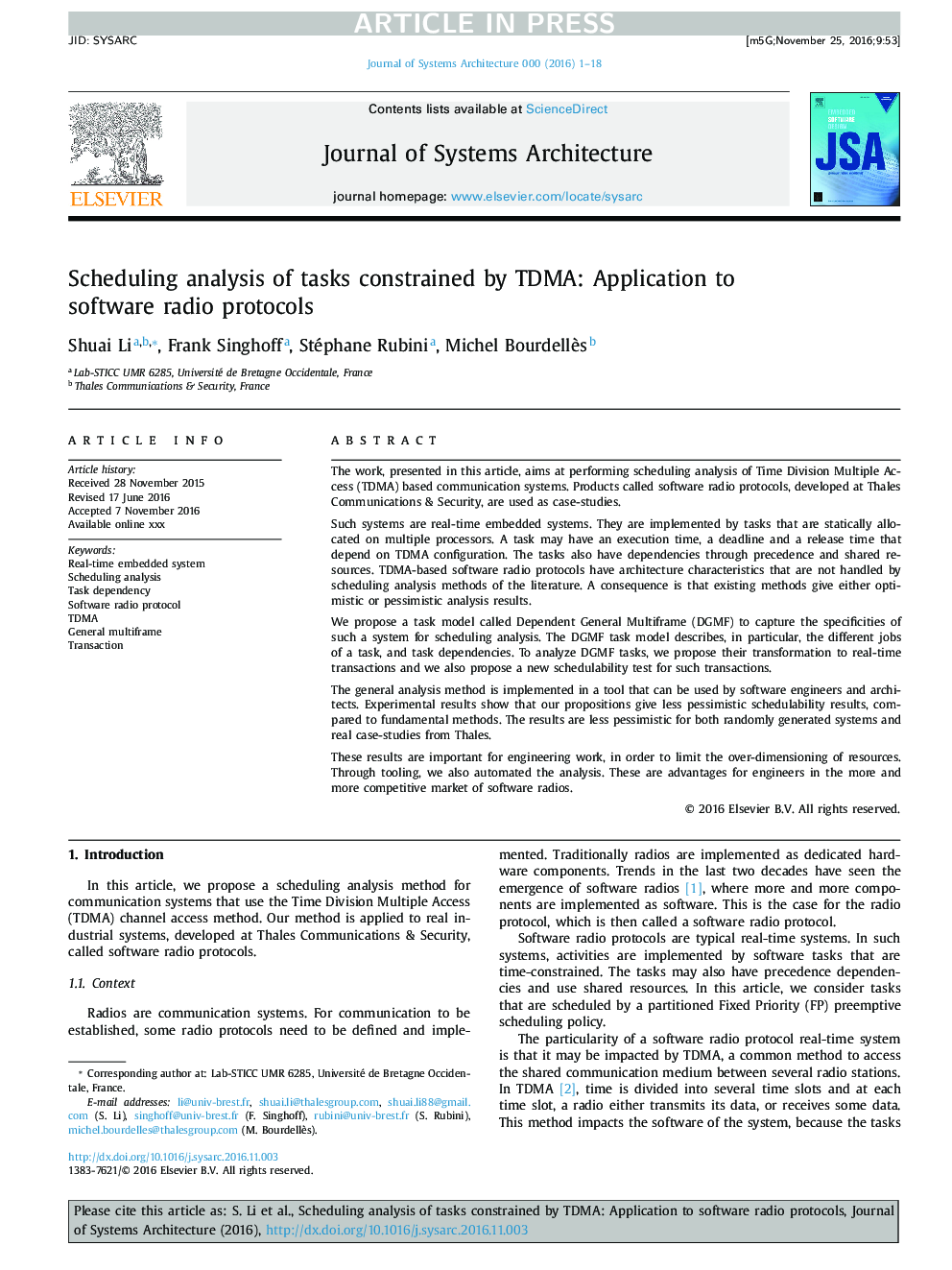 Scheduling analysis of tasks constrained by TDMA: Application to software radio protocols