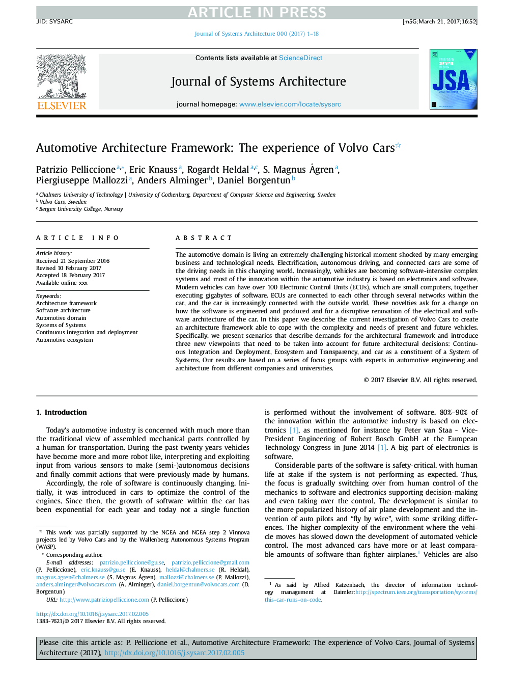 Automotive Architecture Framework: The experience of Volvo Cars