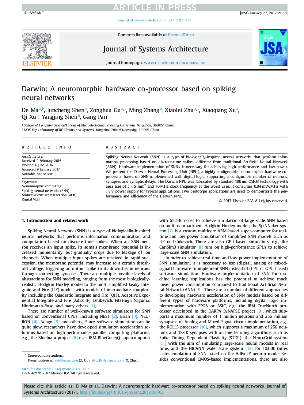 Darwin: A neuromorphic hardware co-processor based on spiking neural networks