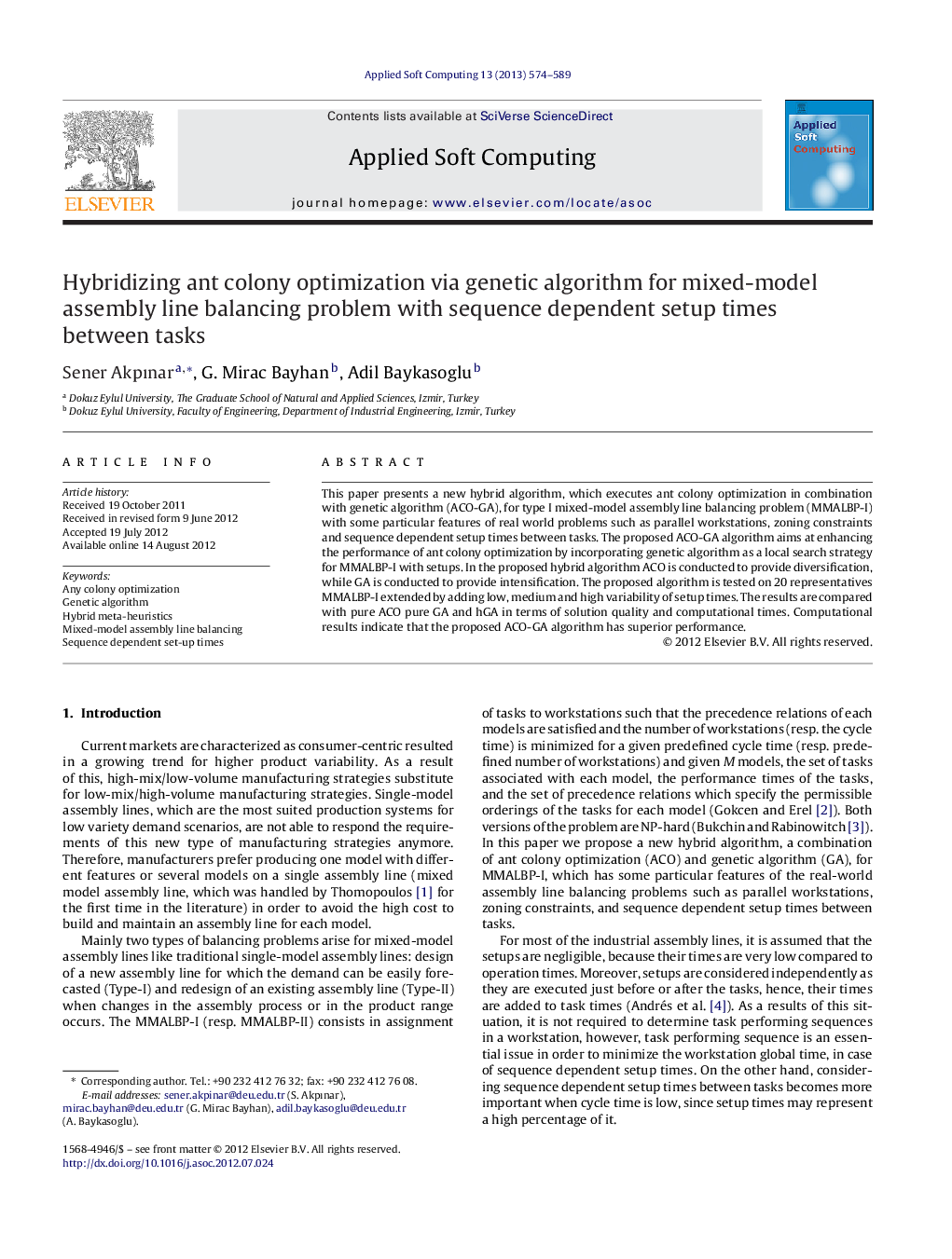 Hybridizing ant colony optimization via genetic algorithm for mixed-model assembly line balancing problem with sequence dependent setup times between tasks