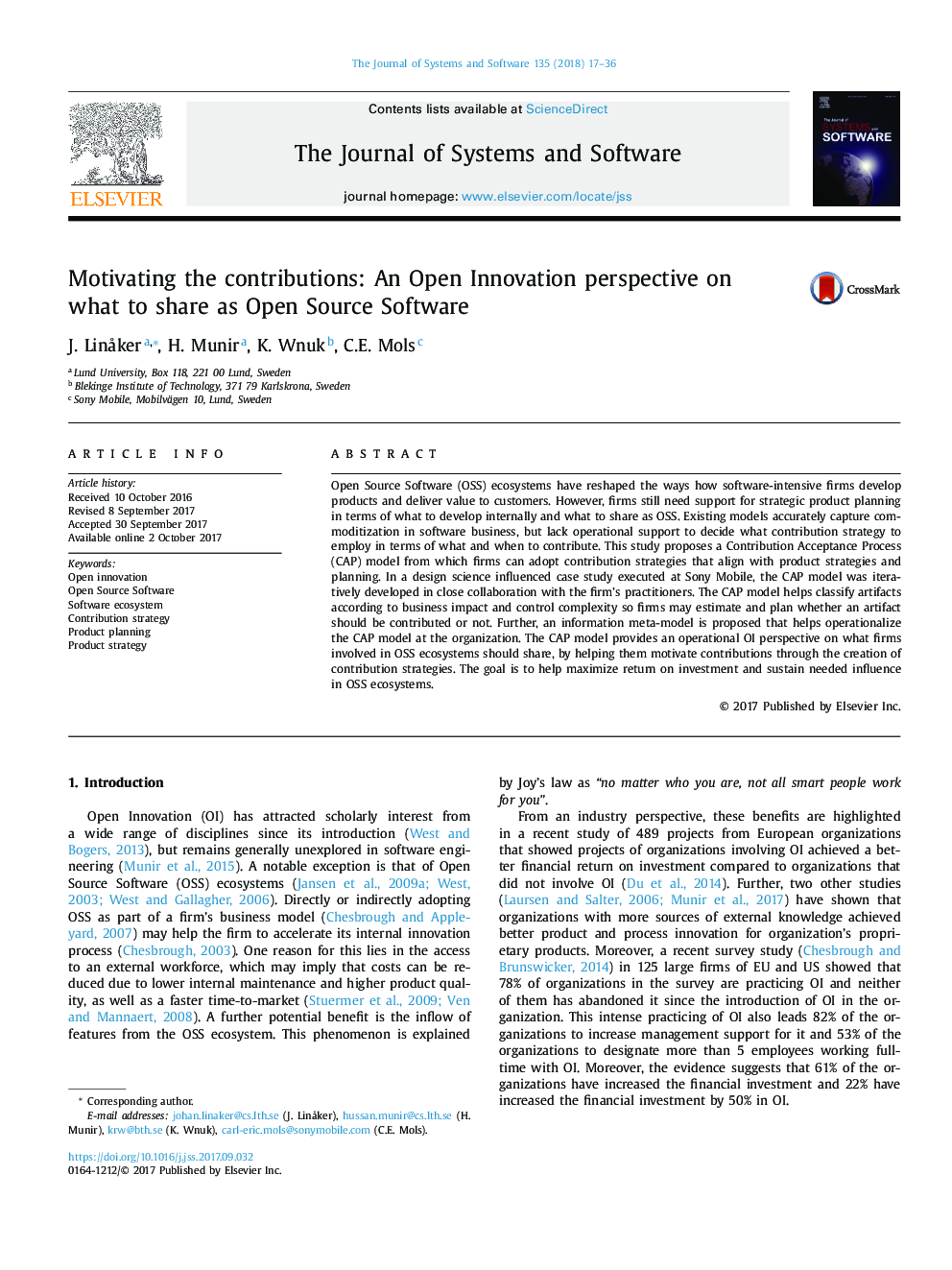 Motivating the contributions: An Open Innovation perspective on what to share as Open Source Software