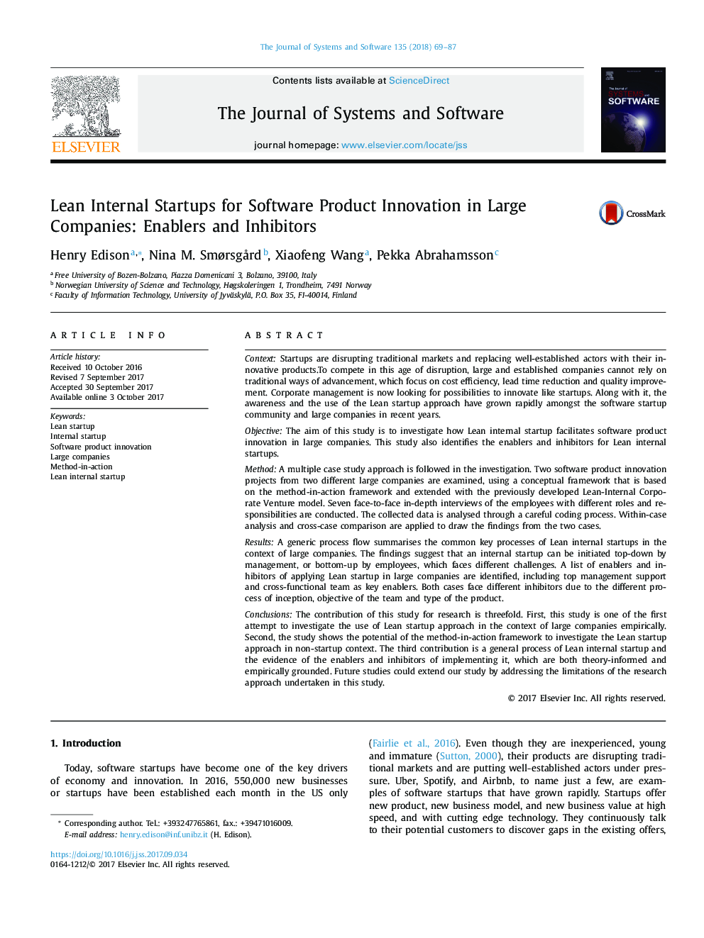 Lean Internal Startups for Software Product Innovation in Large Companies: Enablers and Inhibitors