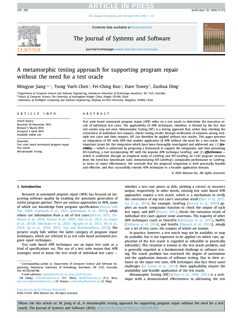 A metamorphic testing approach for supporting program repair without the need for a test oracle