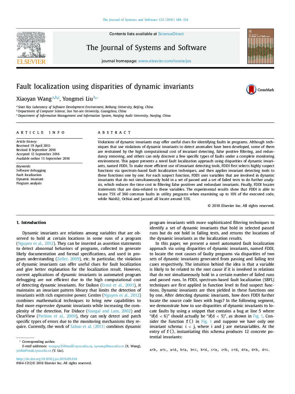 Fault localization using disparities of dynamic invariants