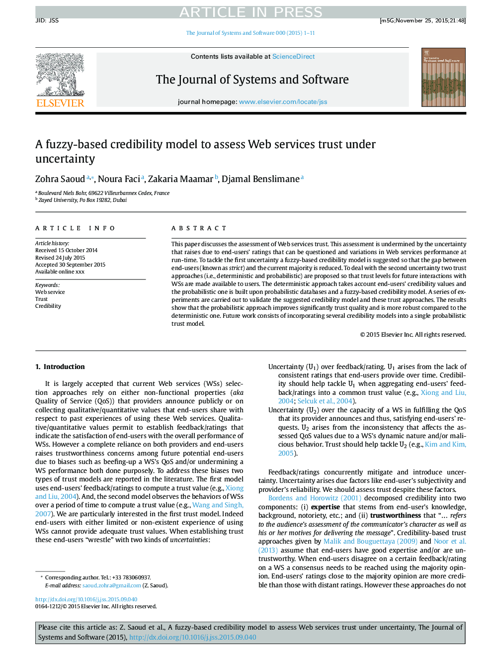 A fuzzy-based credibility model to assess Web services trust under uncertainty