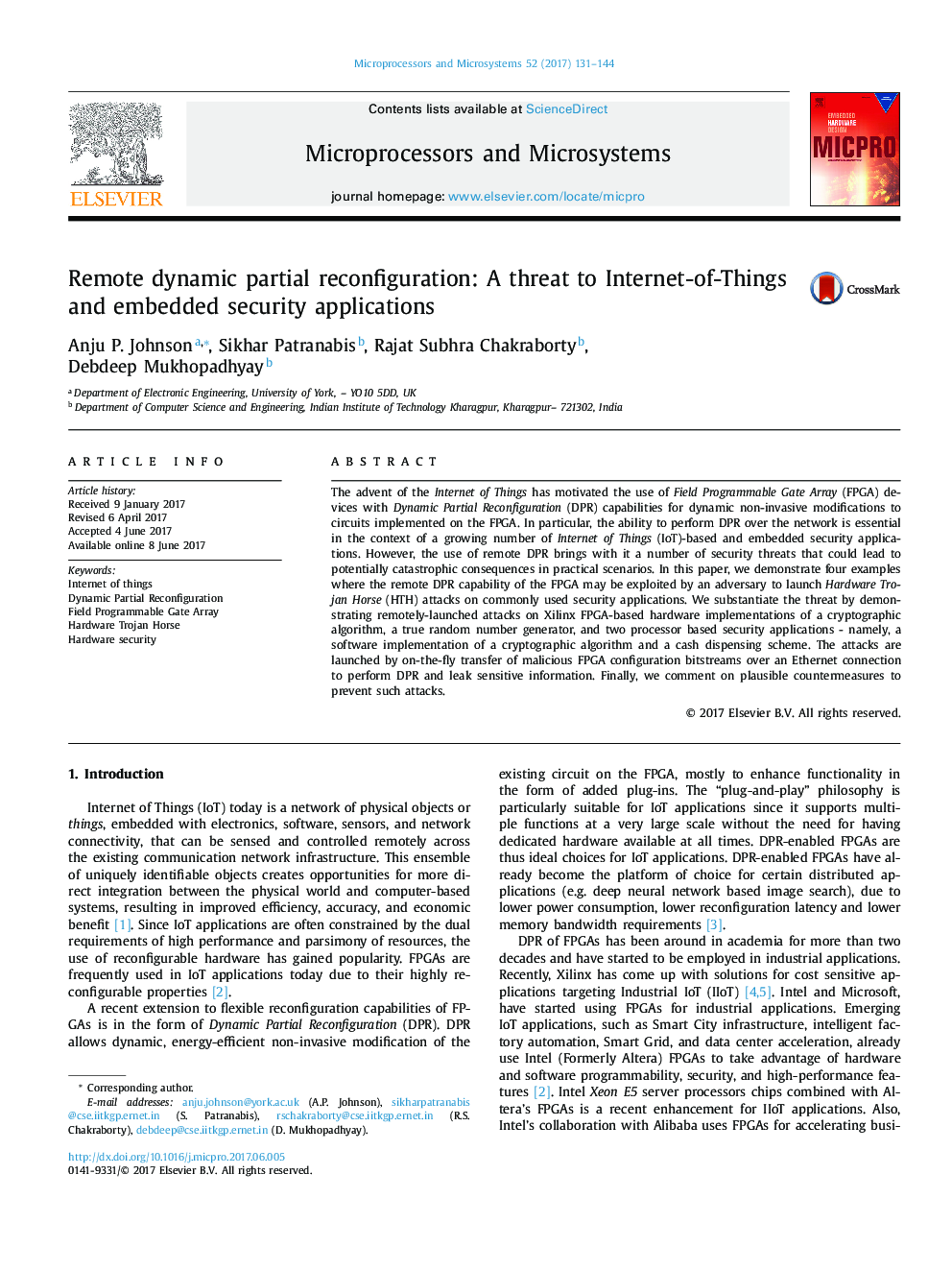 Remote dynamic partial reconfiguration: A threat to Internet-of-Things and embedded security applications