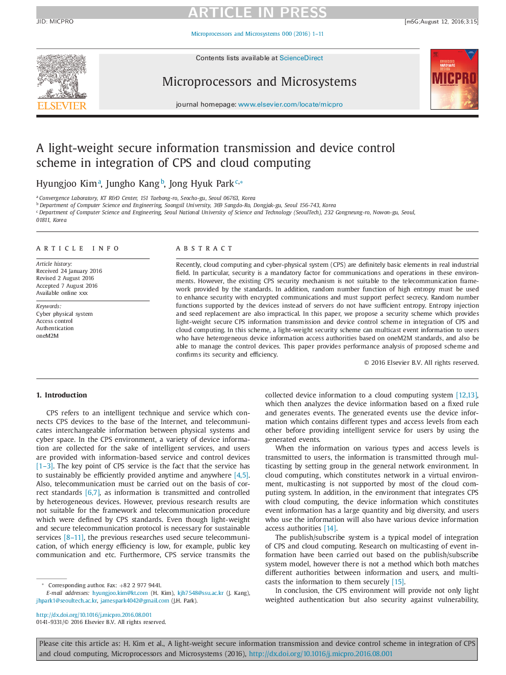 A light-weight secure information transmission and device control scheme in integration of CPS and cloud computing