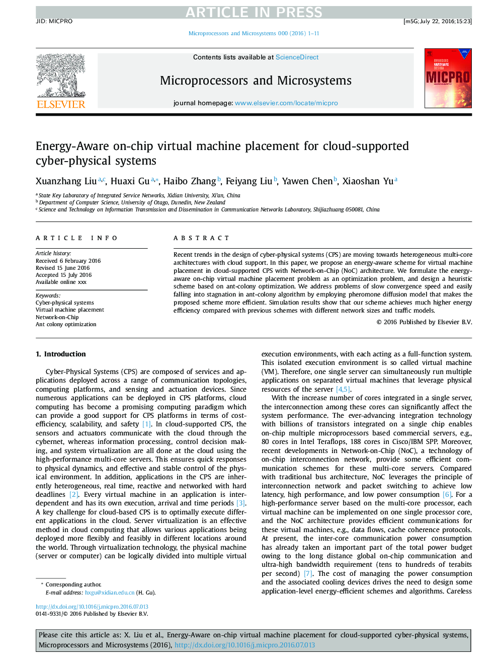 Energy-Aware on-chip virtual machine placement for cloud-supported cyber-physical systems