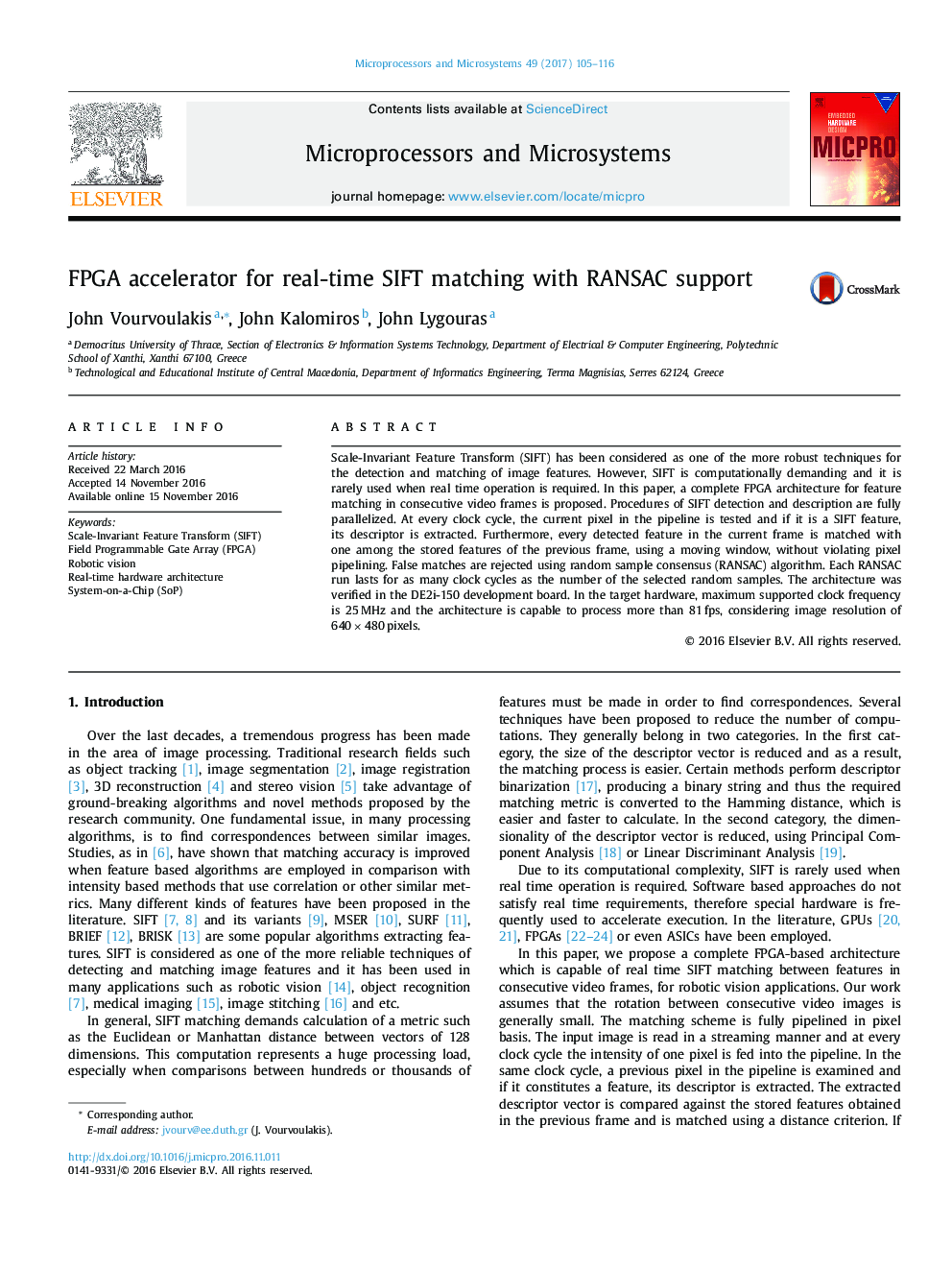 FPGA accelerator for real-time SIFT matching with RANSAC support