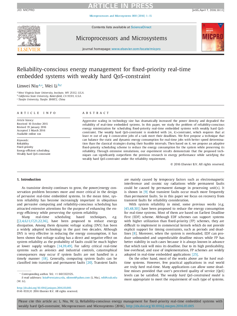 Reliability-conscious energy management for fixed-priority real-time embedded systems with weakly hard QoS-constraint