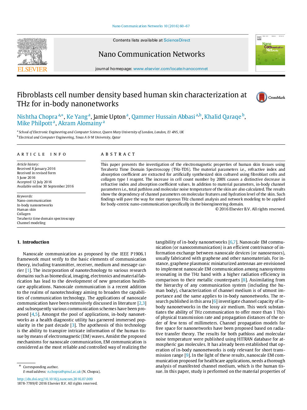 Fibroblasts cell number density based human skin characterization at THz for in-body nanonetworks