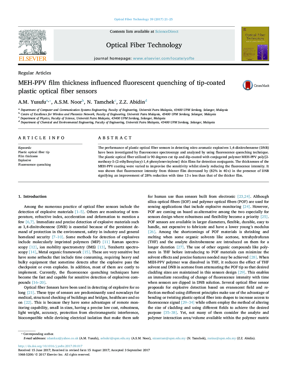 MEH-PPV film thickness influenced fluorescent quenching of tip-coated plastic optical fiber sensors