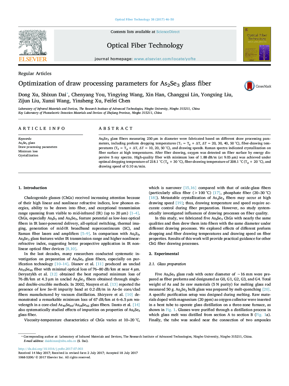 Optimization of draw processing parameters for As2Se3 glass fiber