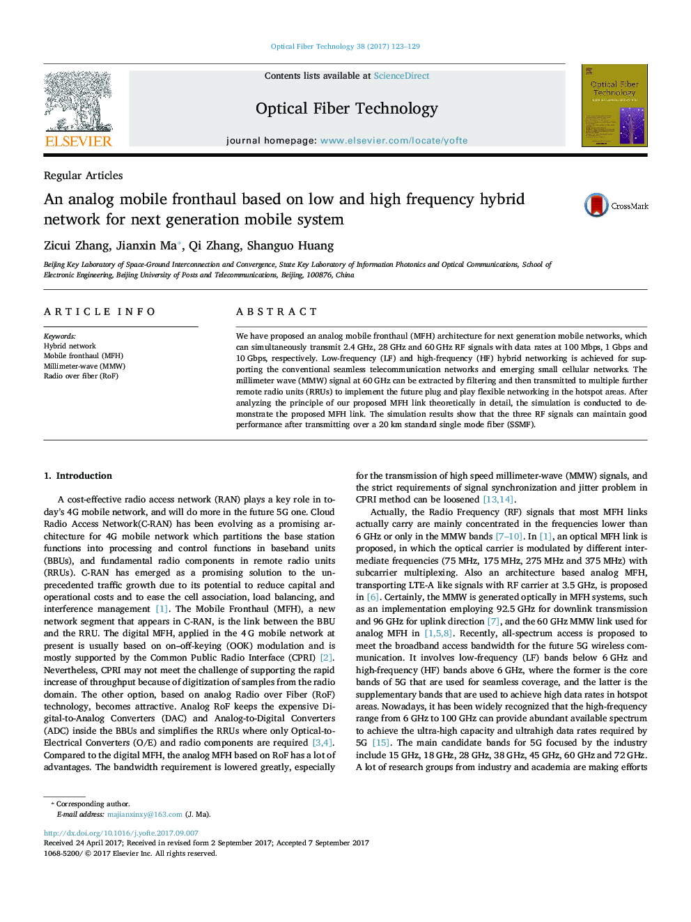 An analog mobile fronthaul based on low and high frequency hybrid network for next generation mobile system