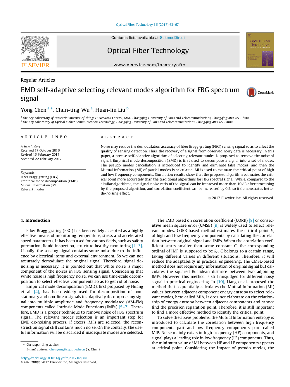 EMD self-adaptive selecting relevant modes algorithm for FBG spectrum signal