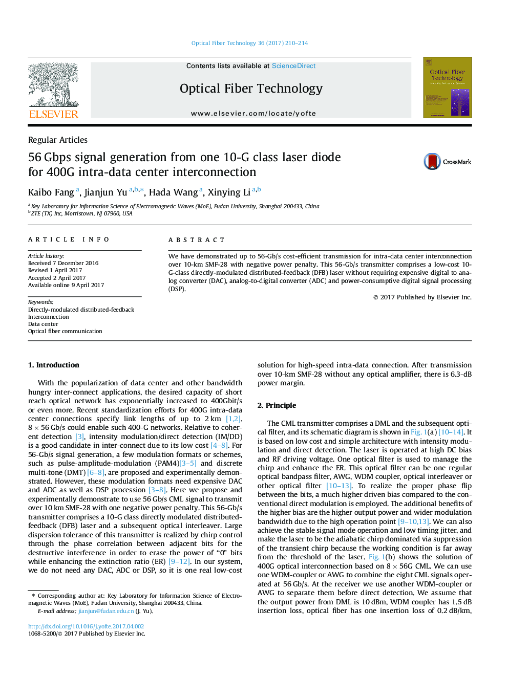 56Â Gbps signal generation from one 10-G class laser diode for 400G intra-data center interconnection