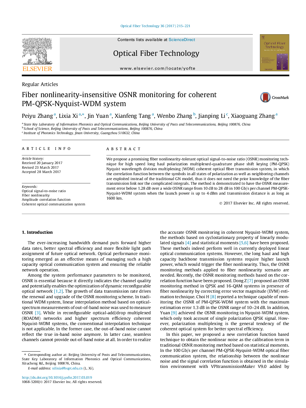 Fiber nonlinearity-insensitive OSNR monitoring for coherent PM-QPSK-Nyquist-WDM system