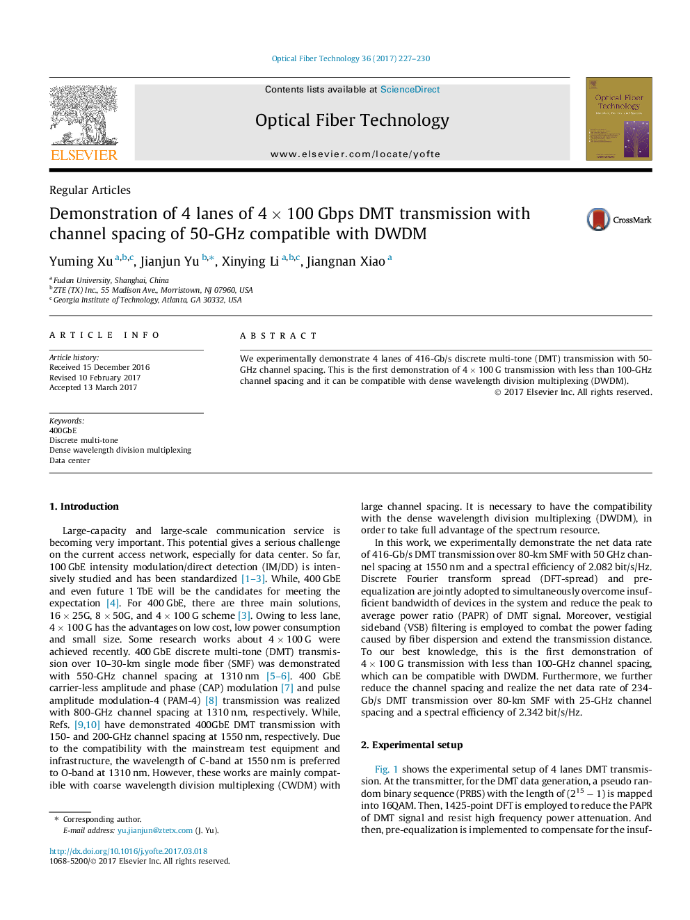 Demonstration of 4 lanes of 4Â ÃÂ 100Â Gbps DMT transmission with channel spacing of 50-GHz compatible with DWDM