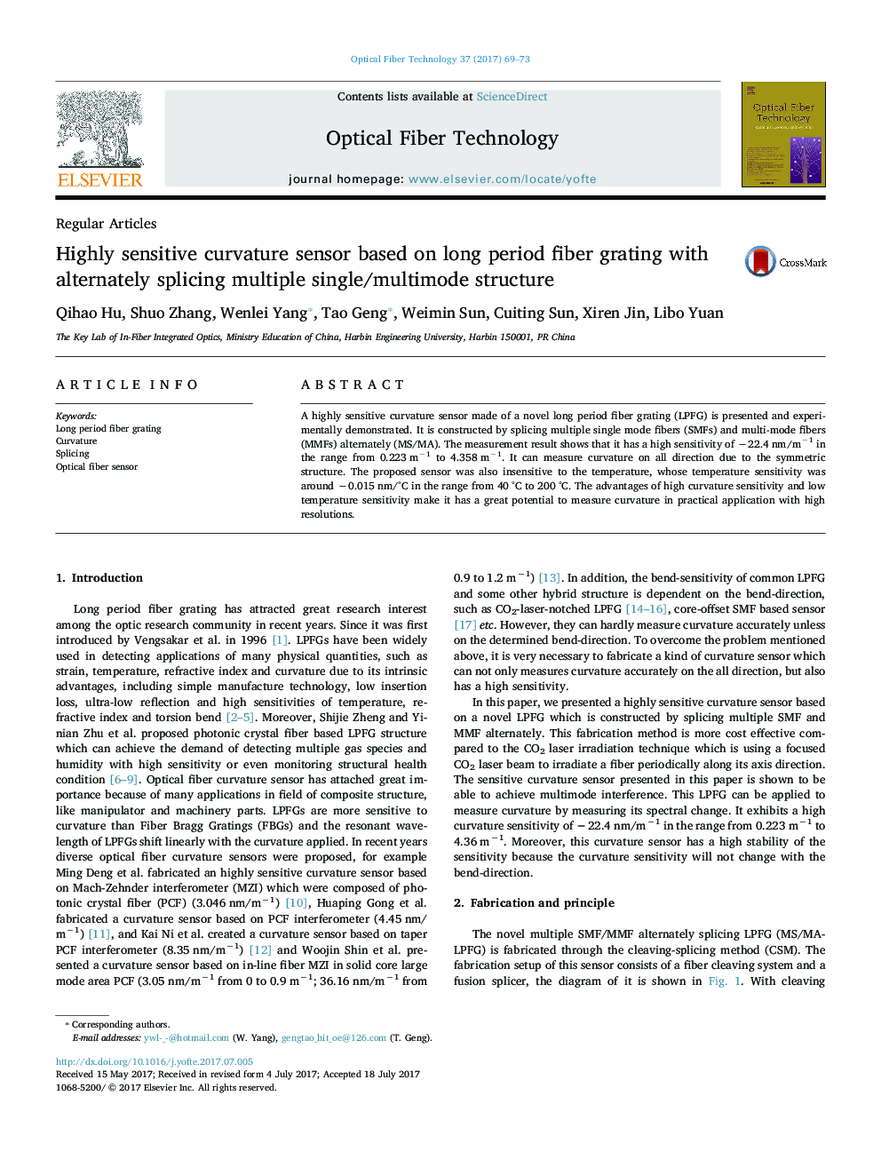 Highly sensitive curvature sensor based on long period fiber grating with alternately splicing multiple single/multimode structure