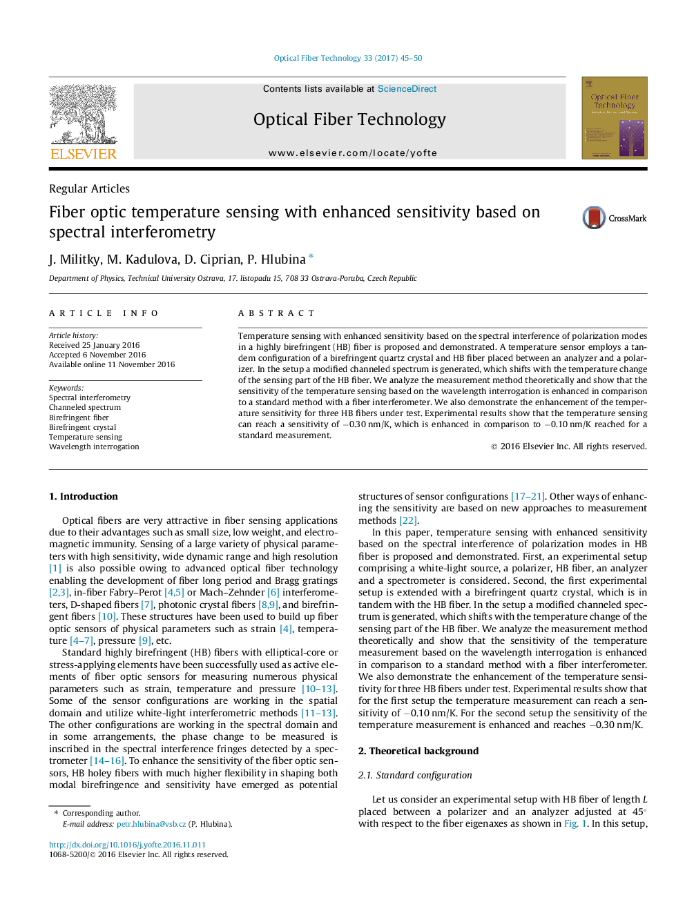 Fiber optic temperature sensing with enhanced sensitivity based on spectral interferometry