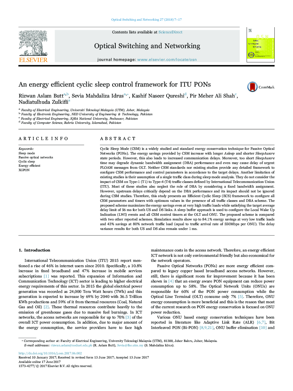 An energy efficient cyclic sleep control framework for ITU PONs