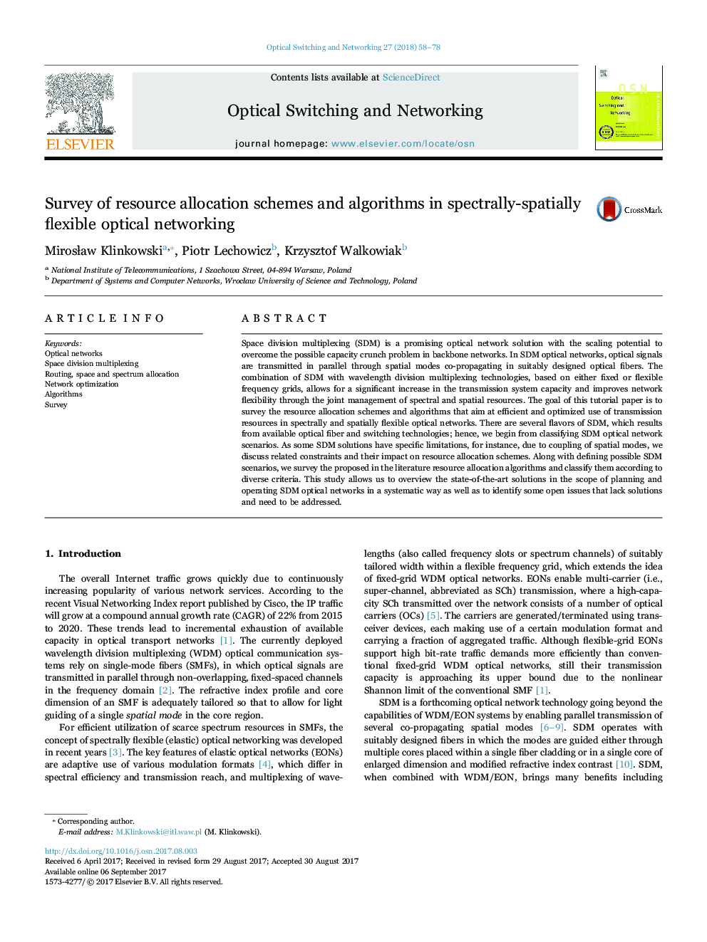 Survey of resource allocation schemes and algorithms in spectrally-spatially flexible optical networking