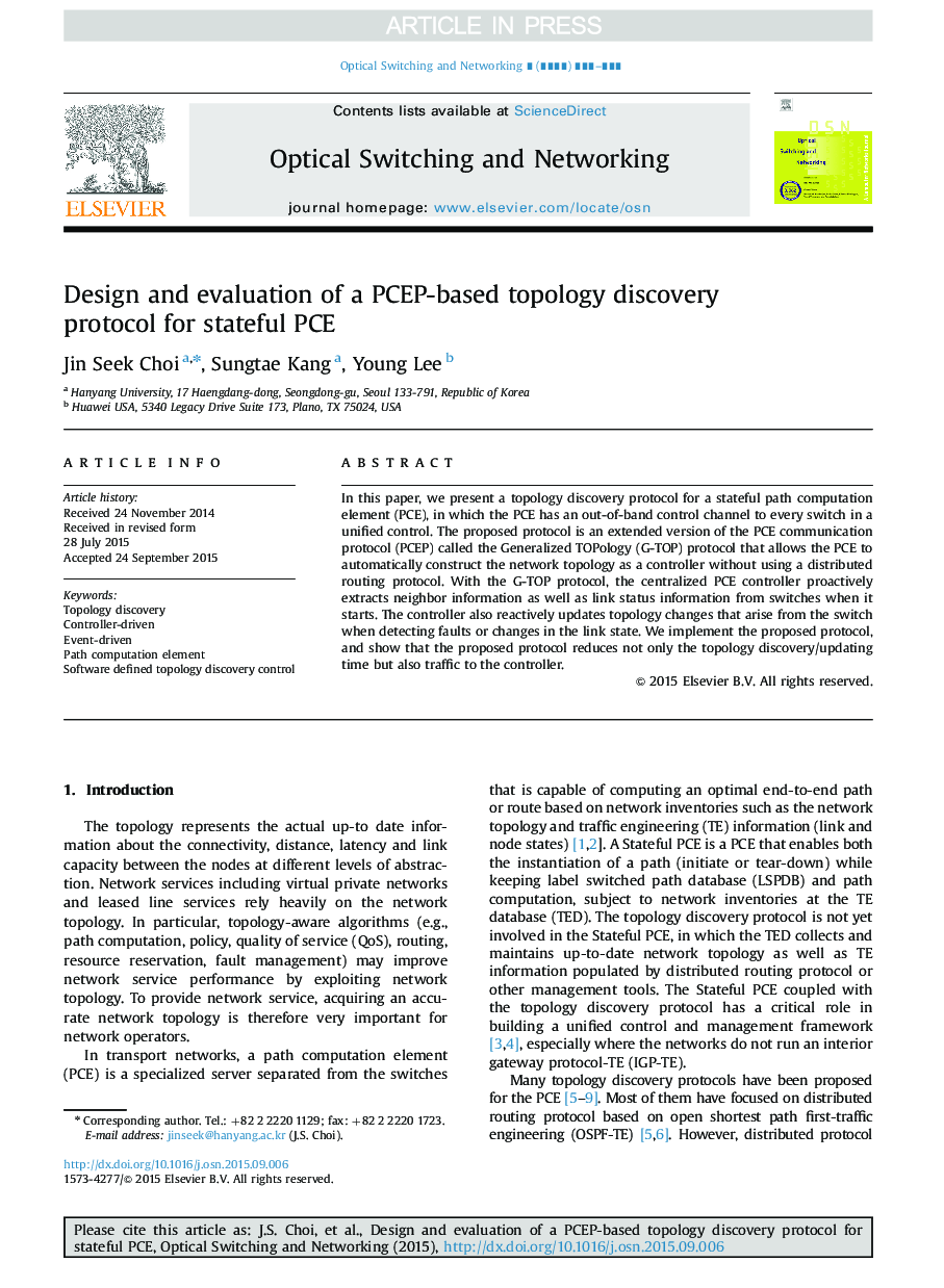 Design and evaluation of a PCEP-based topology discovery protocol for stateful PCE