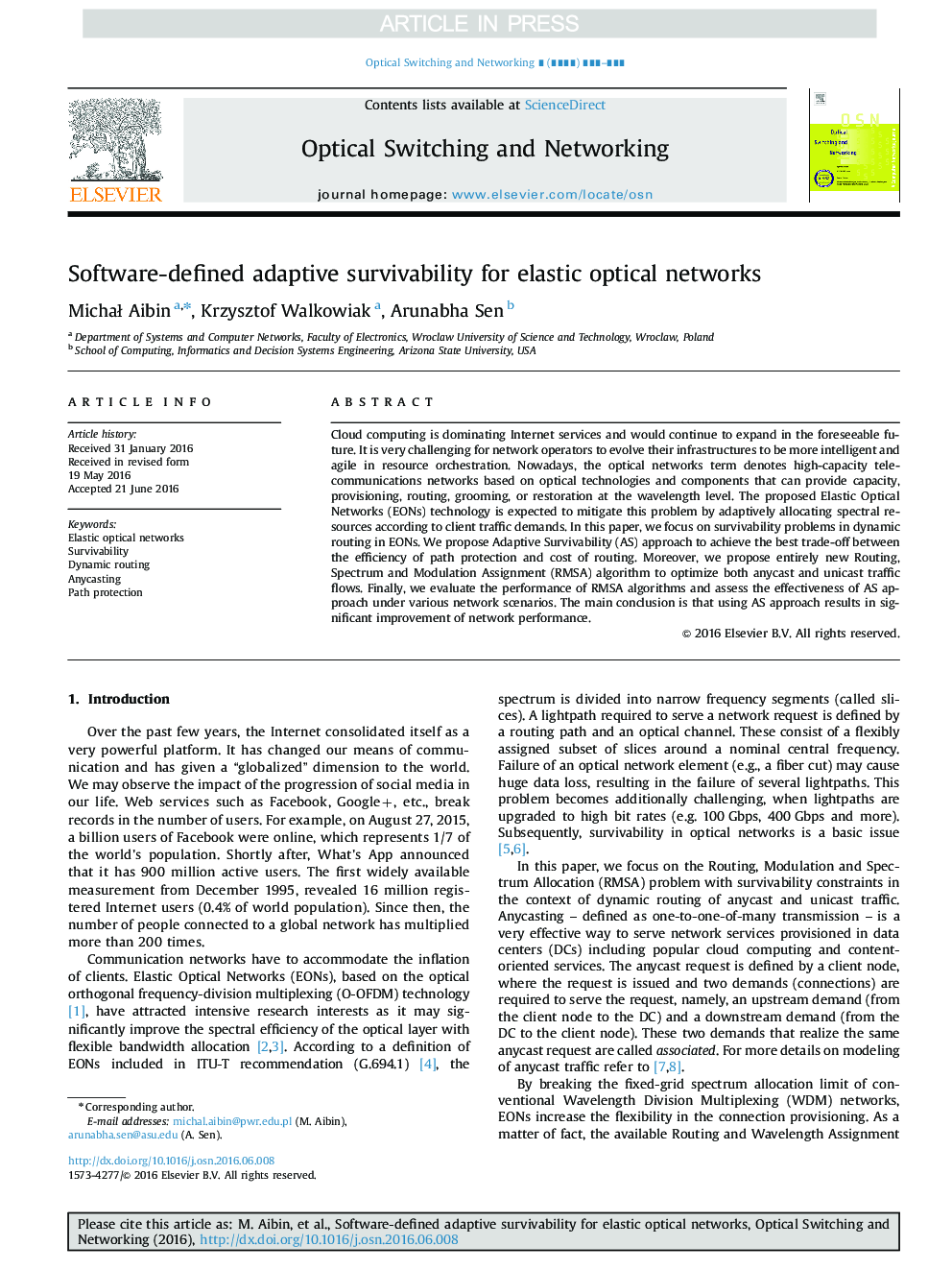 Software-defined adaptive survivability for elastic optical networks