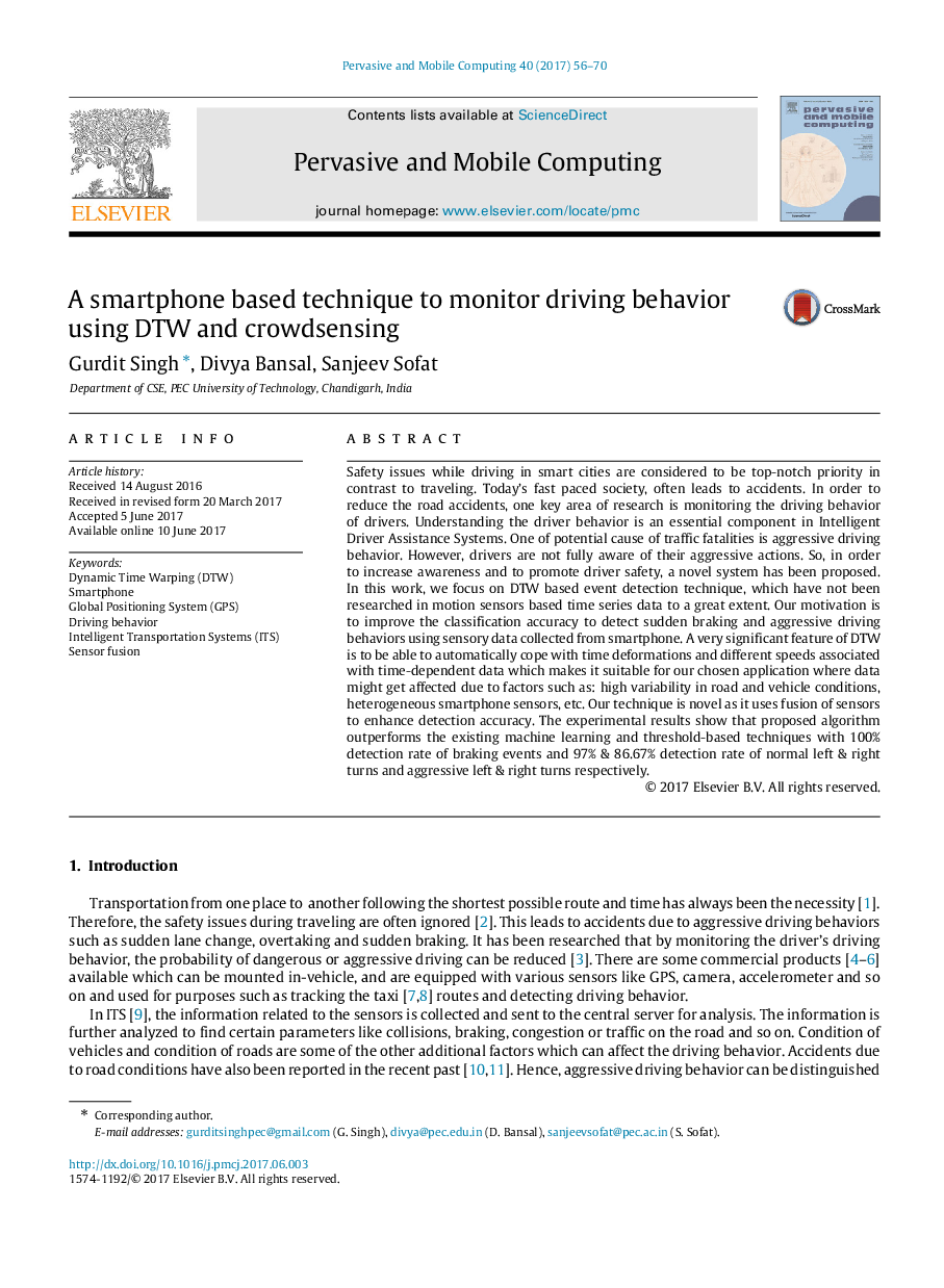 A smartphone based technique to monitor driving behavior using DTW and crowdsensing