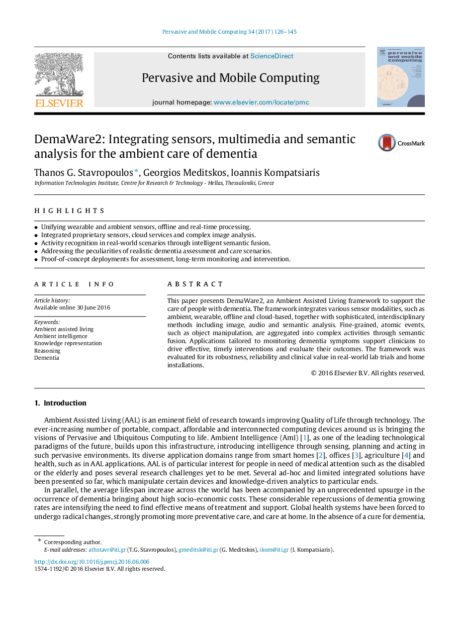 DemaWare2: Integrating sensors, multimedia and semantic analysis for the ambient care of dementia