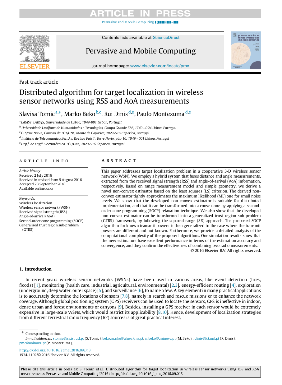 Distributed algorithm for target localization in wireless sensor networks using RSS and AoA measurements