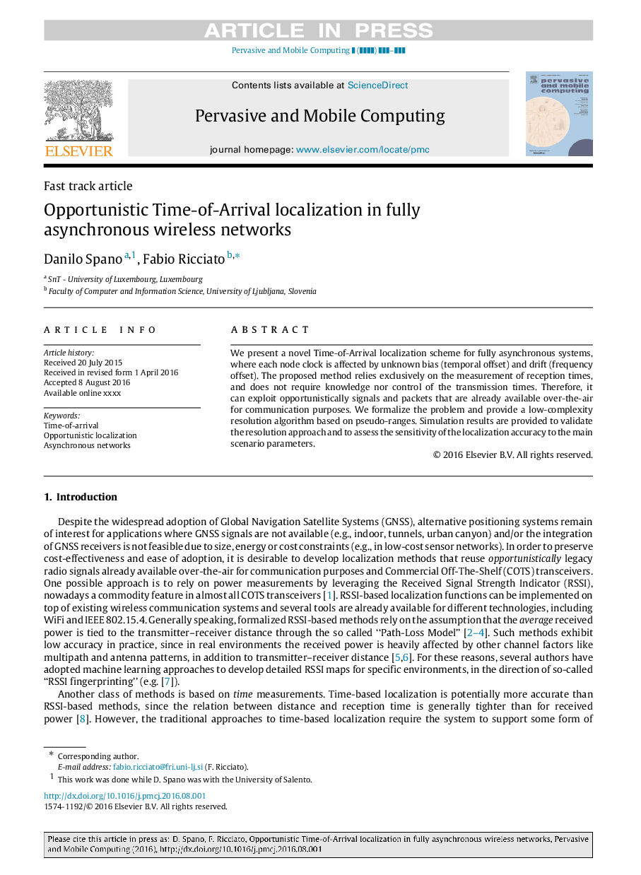 Opportunistic Time-of-Arrival localization in fully asynchronous wireless networks