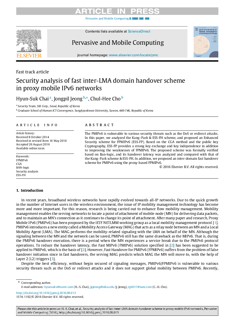 Security analysis of fast inter-LMA domain handover scheme in proxy mobile IPv6 networks
