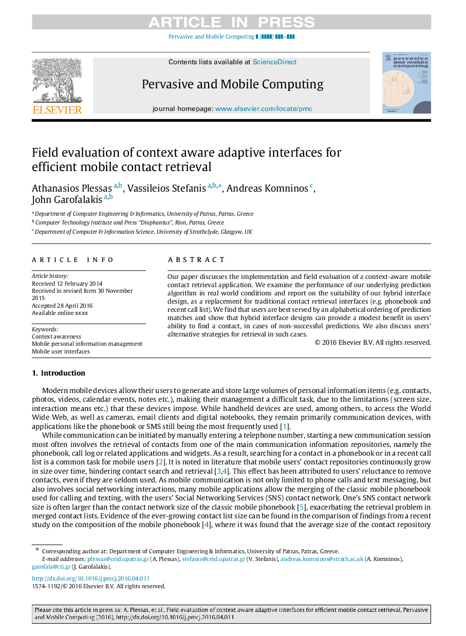 Field evaluation of context aware adaptive interfaces for efficient mobile contact retrieval