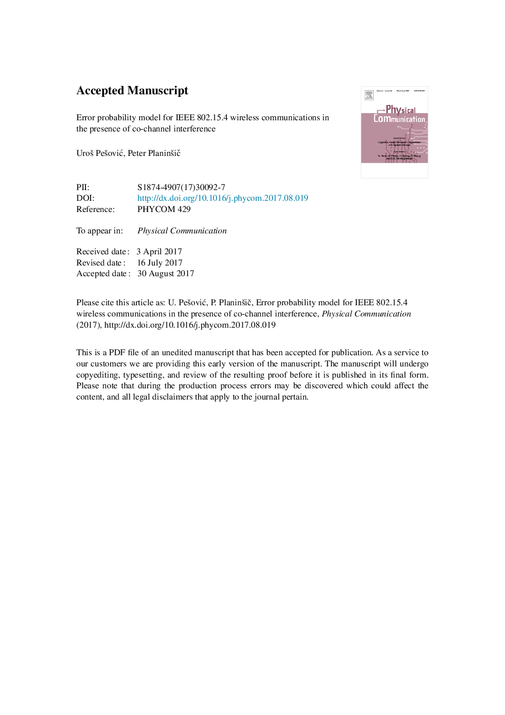 Error probability model for IEEE 802.15.4 wireless communications in the presence of co-channel interference