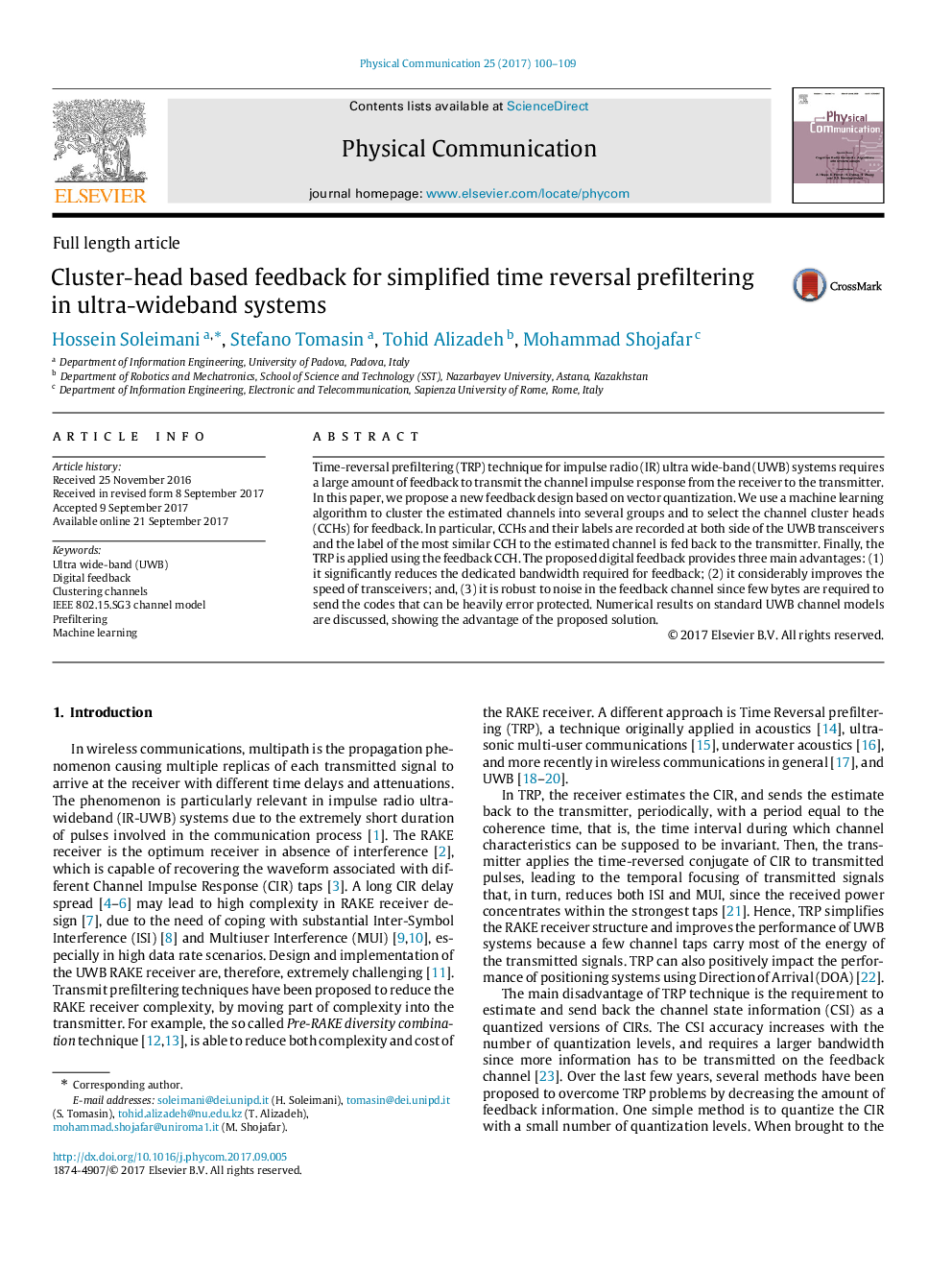 Cluster-head based feedback for simplified time reversal prefiltering in ultra-wideband systems