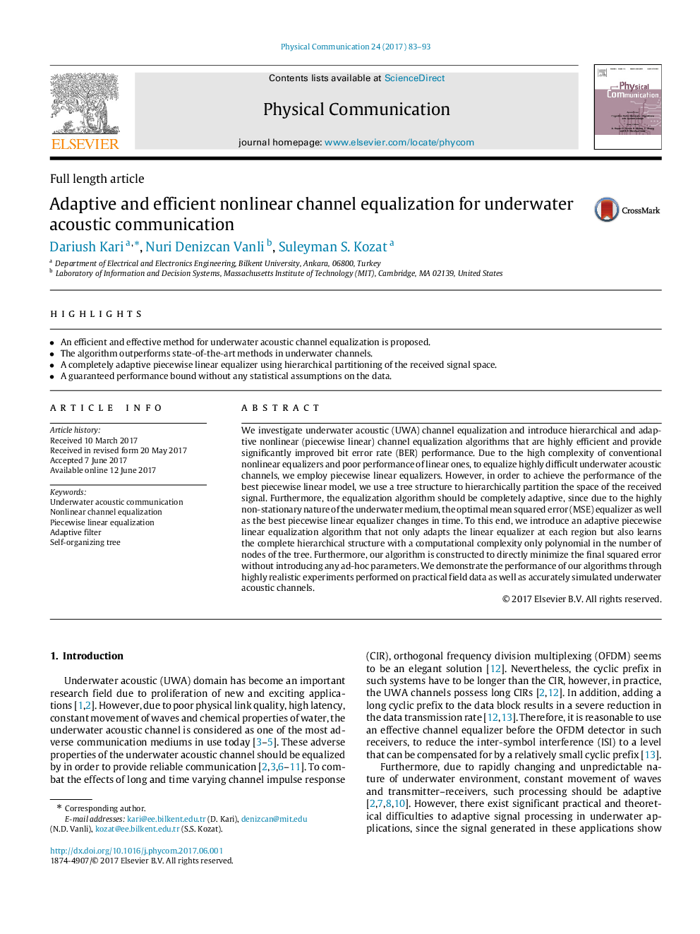 Adaptive and efficient nonlinear channel equalization for underwater acoustic communication