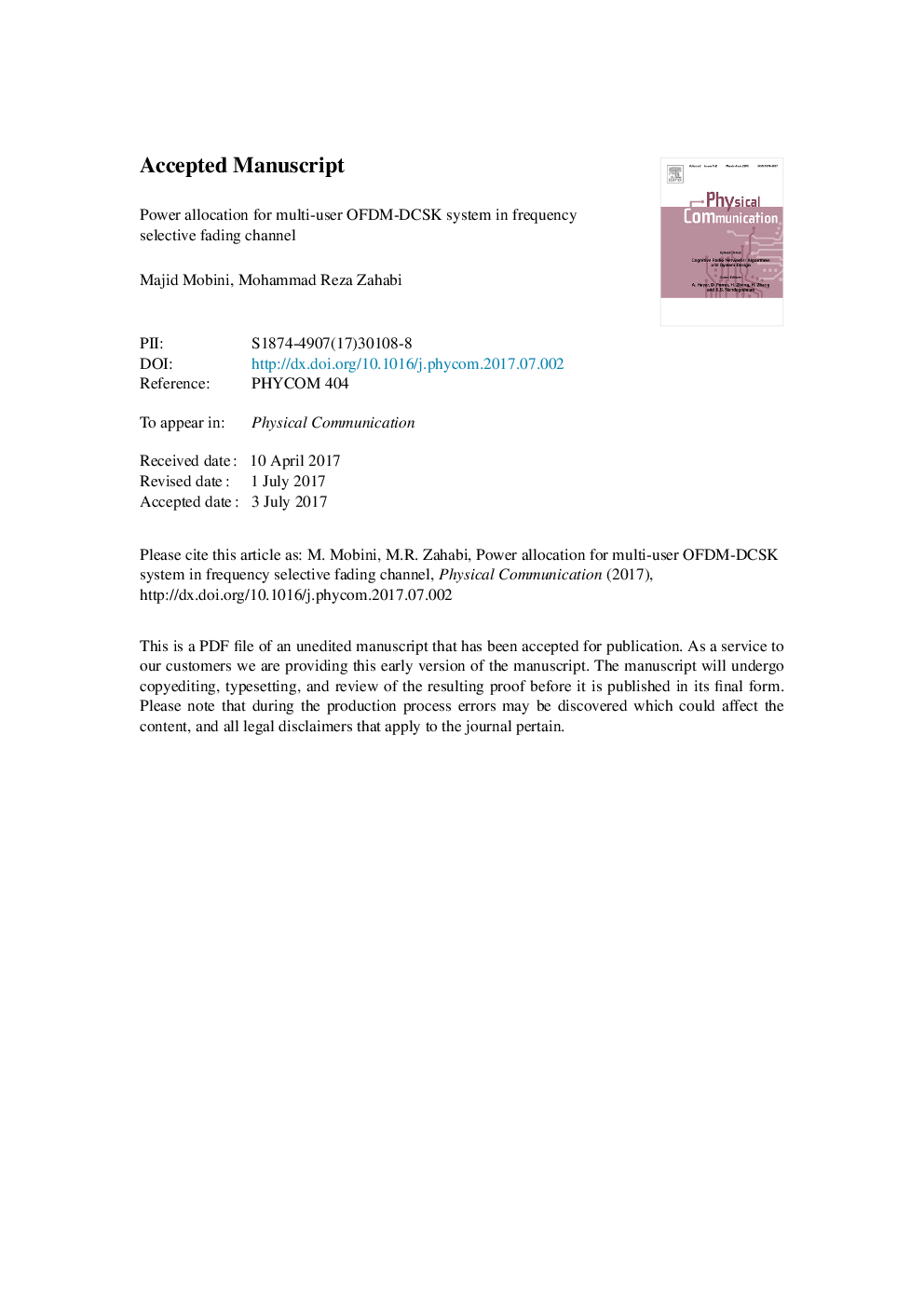 Power allocation for multi-user OFDM-DCSK system in frequency selective fading channel