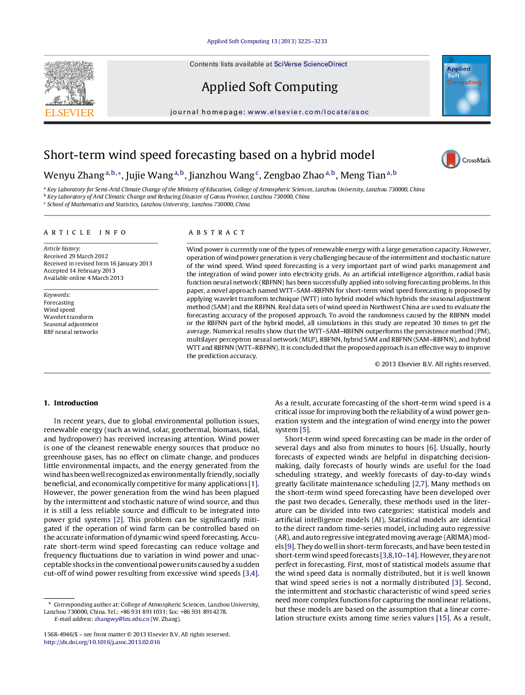 Short-term wind speed forecasting based on a hybrid model