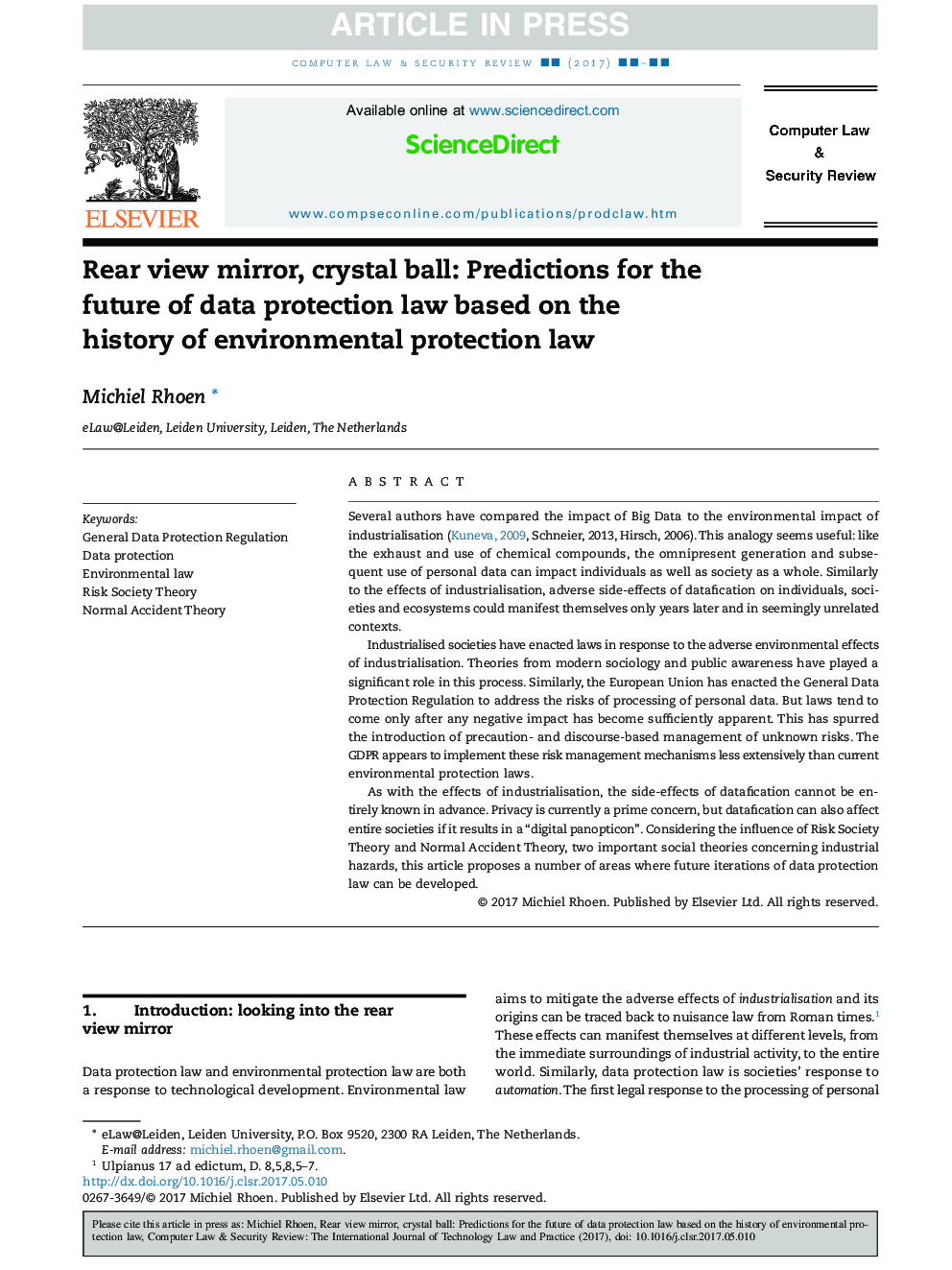 Rear view mirror, crystal ball: Predictions for the future of data protection law based on the history of environmental protection law
